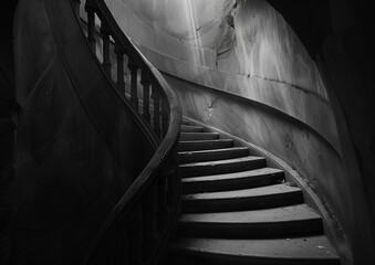 Obraz premium Eerie Spiral Staircase in Abandoned Building - Black and White Photography