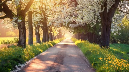 Naklejka premium A peaceful countryside road lined with blooming flowers in spring