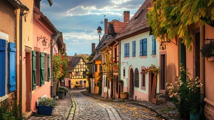 Naklejka premium A picturesque European village with colorful houses and cobblestone streets