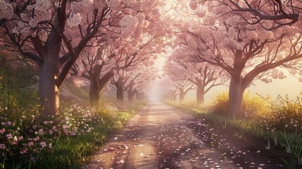 A quaint country lane lined with blossoming cherry trees