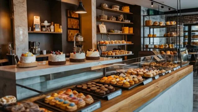  Bakery Interior with Display Case of Cakes, Cupcakes, and Pastries