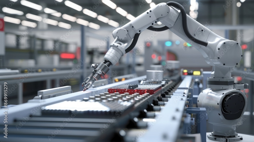 Poster a robotic arm assembling components on a conveyor belt in a factory