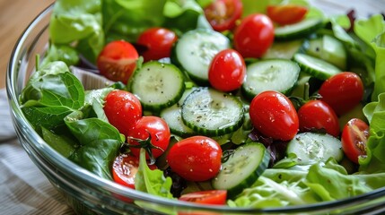 A refreshing summer salad with mixed greens, cherry tomatoes, cucumbers, and a light vinaigrette
