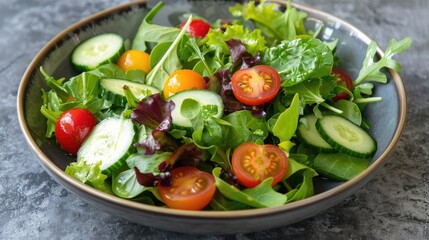 A refreshing summer salad with mixed greens, cherry tomatoes, cucumbers, and a light vinaigrette
