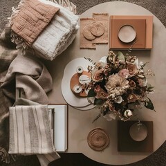 A stunning photograph of a beautifully decorated coffee table, showcasing an artful arrangement of items. The table features a cozy throw blanket, a glossy coffee table book, a set of stylish coasters