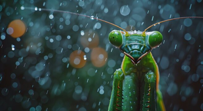 Close Up Of Praying Mantis With Water Droplets On Its Body