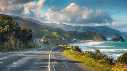 A scenic coastal road with dramatic cliffs and ocean views
