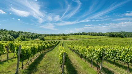 Naklejka premium A scenic view of a summer vineyard, with rows of grapevines under a clear blue sky