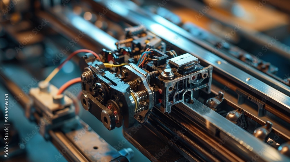 Poster the intricate wiring system that connects the motor to the track and pulley mechanism ensuring smoot