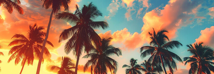 Naklejka premium Large palm trees in the sunset for the background