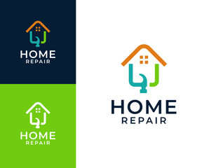 Home repair logo. Home with tools icon logo design illustration. Home renovation logo design inspiration.