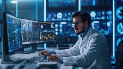 Fototapeta premium A scientist analyzing data on a computer in a research facility, emphasizing scientific research
