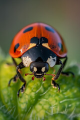 Fototapeta premium Ladybug Macro Close-Up on Green Leaf with Detailed Features and Natural Setting