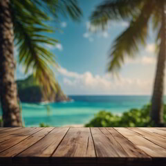 Fototapeta premium Table or Wooden Floor With Blur Ocean in the Background