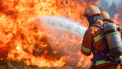 Firefighters work together, using hoses to spray water and extinguish fires as a team