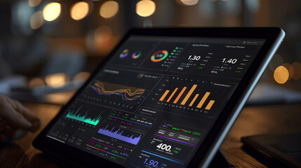 Tablet displaying investment dashboard with charts and graphs