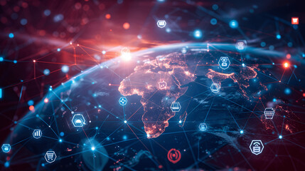 Globe with interconnected lines and economic activity icons