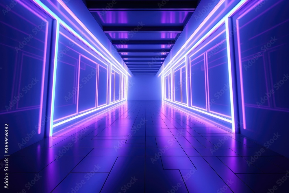 Poster futuristic arch tunnel in blue light. 3d rendering of an architectural structure for science fiction