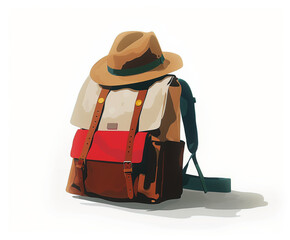 A stylish illustration of a traveler’s backpack adorned with a classic fedora hat.