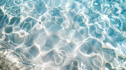 Close up of crystal blue clear transparent sea shallow waters near shore, sunlight reflected with beautiful shiny bright highlights