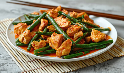 Stir-fried spicy red curry with chicken pieces and long green beans on dark grey plate on bamboo mat, chopsticks on concrete background, tradition thai dish phat phrik khing
