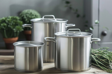 Three grey large stainless steel pots different size with closed lids on kitchen table, daylight from window. New clean kitchen utensils for canteen