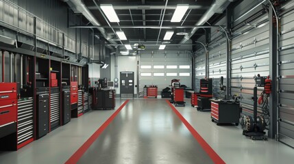 This image shows the interior of a garage with tool cabinets, a red stripe running down the middle of the floor, and a large garage door in the background.