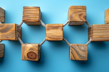 Connected Wooden Blocks on Blue Background: Teamwork Concept