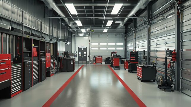 This image shows the interior of a garage with tool cabinets, a red stripe running down the middle of the floor, and a large garage door in the background.