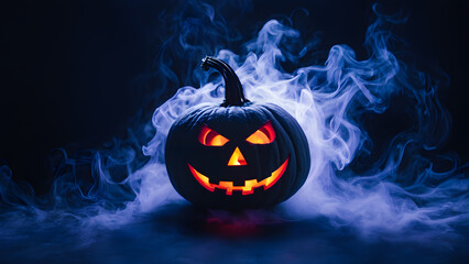 Naklejka premium A pumpkin with a scary face is lit up in the dark