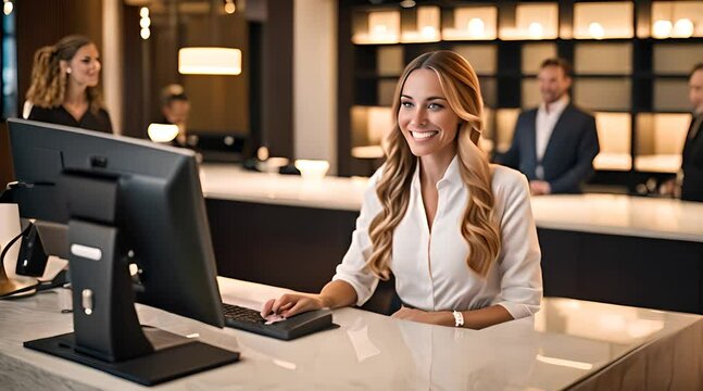  female receptionist at counter in hotel with Young couple receiving tourist information.