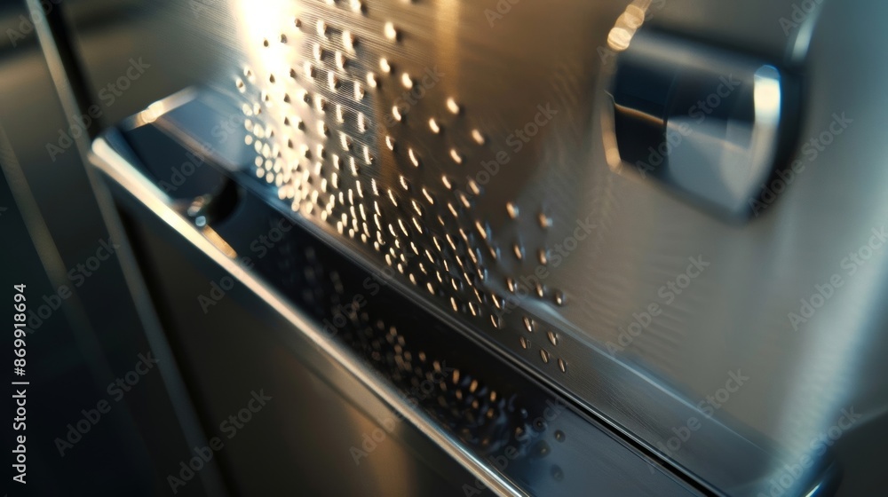 Poster a closeup of the fingerprint scanner on a smart door lock capturing the shiny surface and ridged tex