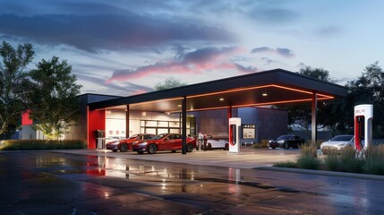 Supercharger station with red electric cars parked under a covered canopy at dusk. The station is illuminated with bright lights and surrounded by lush greenery.