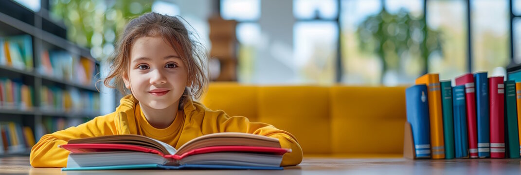 Young girl reading a book in a library, representing education, learning, and childhood curiosity. Ideal for concepts like back to school and children's literature