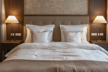 Front View of Hotel Bed with Lit Night Lamps on Both Sides, Cozy and Clean Atmosphere