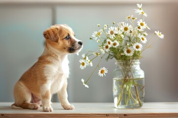 A cute tan and white puppy gazing at a bouquet of daisies in a glass jar, placed on a white wooden surface