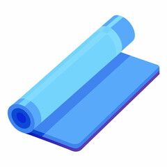 A blue yoga mat is neatly rolled up on a blank white surface
