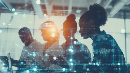 Diverse Tech Team Brainstorming with Digital Innovation Elements