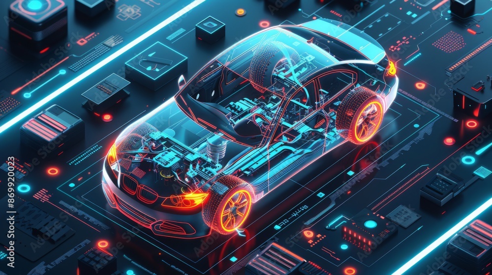 Aufkleber a digital model of a car is displayed on a circuit board, with glowing blue and red lines representi