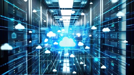 Digital Nexus: Futuristic Server Room with Cloud Connectivity