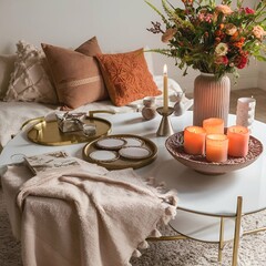 A stunning photo of an elegantly decorated coffee table. The table is adorned with an array of items that create a cozy and invitingatmosphere. A soft, plush throw blanket is draped across the table,.
