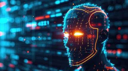 Cyber Security Concept: AI Robot with Shield and Binary