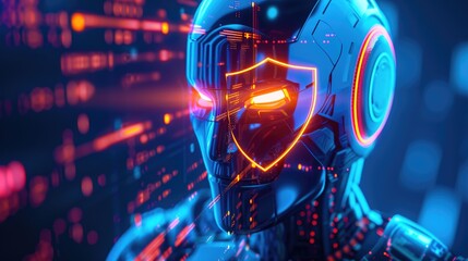 Data Protection: AI Robot Head with Shield Icon