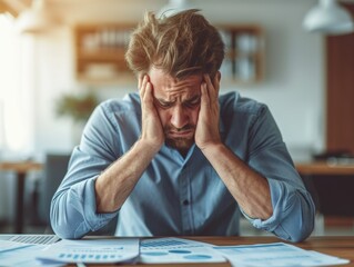 Man with disheveled hair looking stressed over financial reports in office