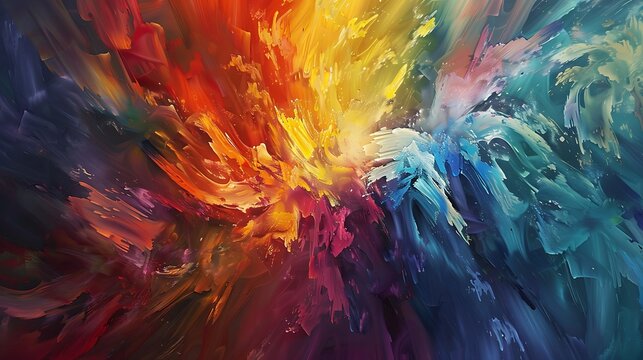 The canvas is alive with a symphony of colors as bold brushstrokes converge to create an abstract masterpiece that mesmerizes the senses.