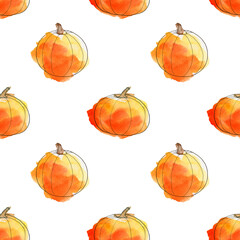 Seamless watercolor pattern with orange pumpkins isolated on white background. Beautiful seasonal wallpaper hand drawn for fabric, Halloween holiday design, Thanksgiving, harvest, packaging, cover