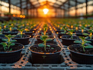 Greenhouse with rows of young plants at sunset