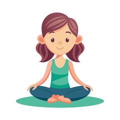Cartoon girl with hairstyle in lotus yoga pose on a mat, demonstrating balance