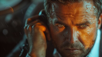 Close Up Portrait Of A Man With Wet Skin In The Rain