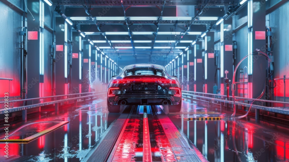 Aufkleber a black car drives through a tunnel illuminated by rows of neon lights, creating a futuristic and vi